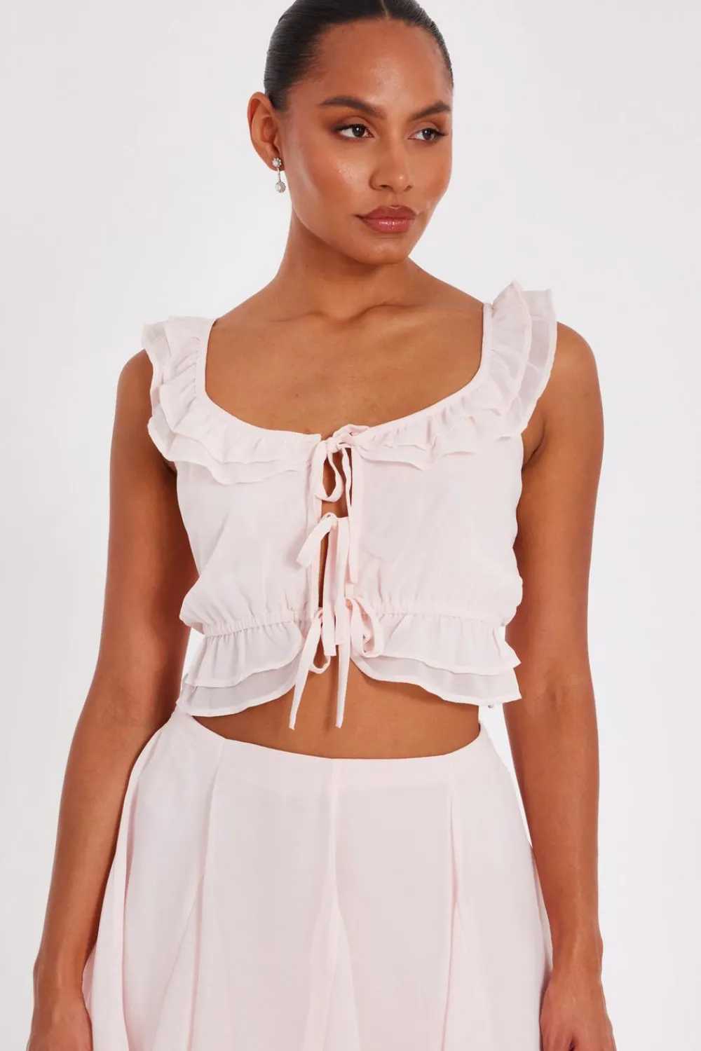 Quiz Summer Tops|Going Out Tops>Baby Pink Ruffle Crop Top