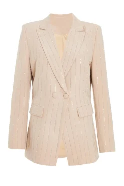 Quiz Jackets & Coats|Co-Ords>Beige Pinstripe Embellished Blazer