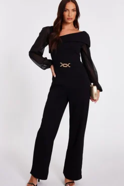 Quiz Occasion Jumpsuits|Going Out Jumpsuits>Black Asymmetric Buckle Detail Jumpsuit