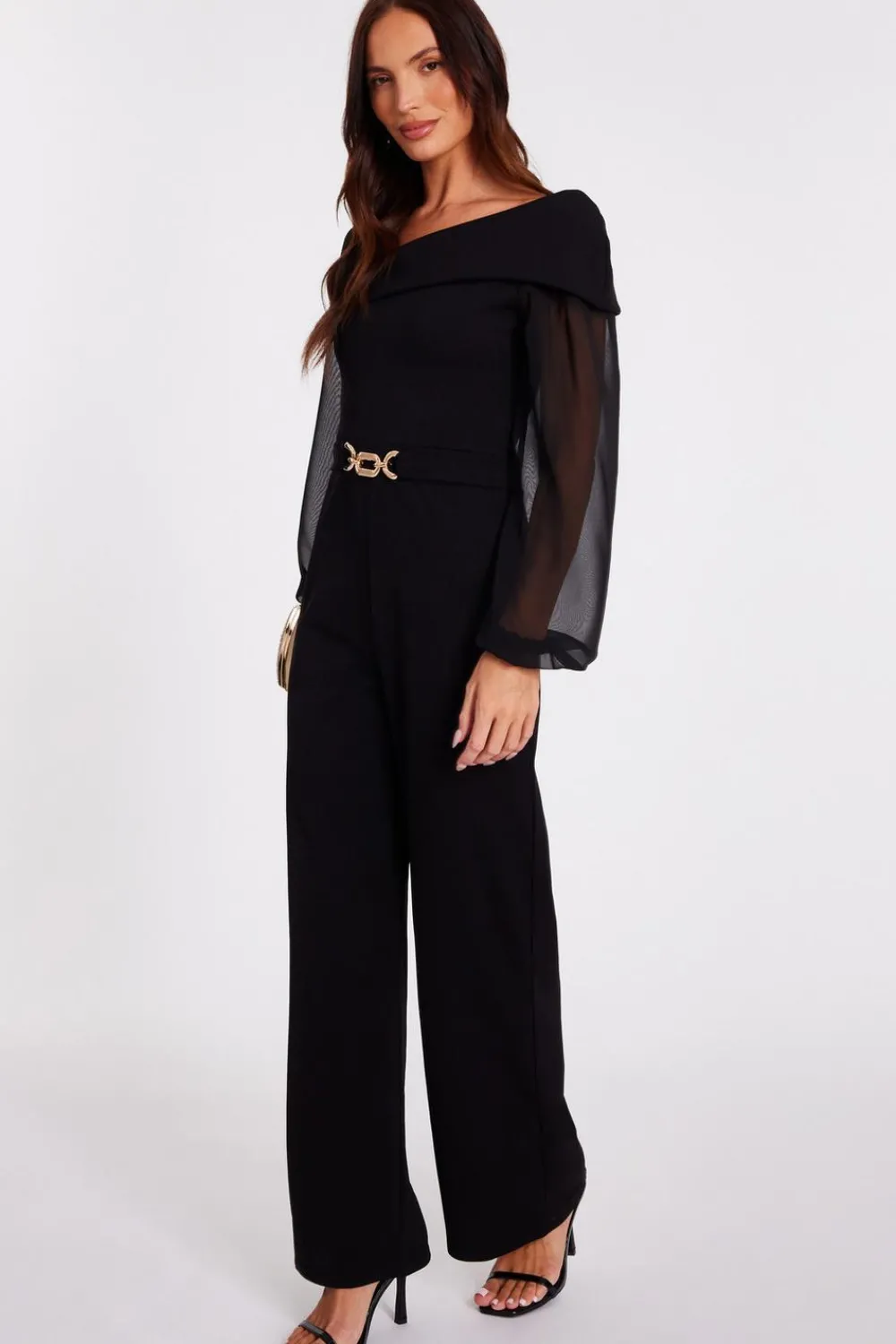 Quiz Occasion Jumpsuits|Going Out Jumpsuits>Black Asymmetric Buckle Detail Jumpsuit