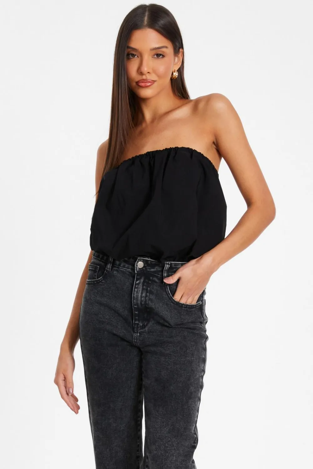 Quiz Going Out Tops|Day Tops>Black Bandeau Puffball Bodysuit