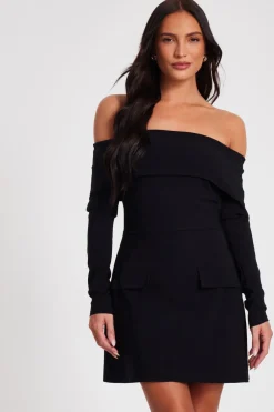 Quiz Workwear|Summer Clothes>Black Bardot Long Sleeve Mini Dress