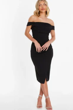 Quiz Wrap Dresses|Wedding Guest Dresses>Black Bardot Midi Wrap Dress