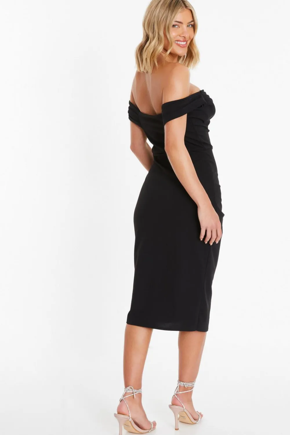 Quiz Wrap Dresses|Wedding Guest Dresses>Black Bardot Midi Wrap Dress