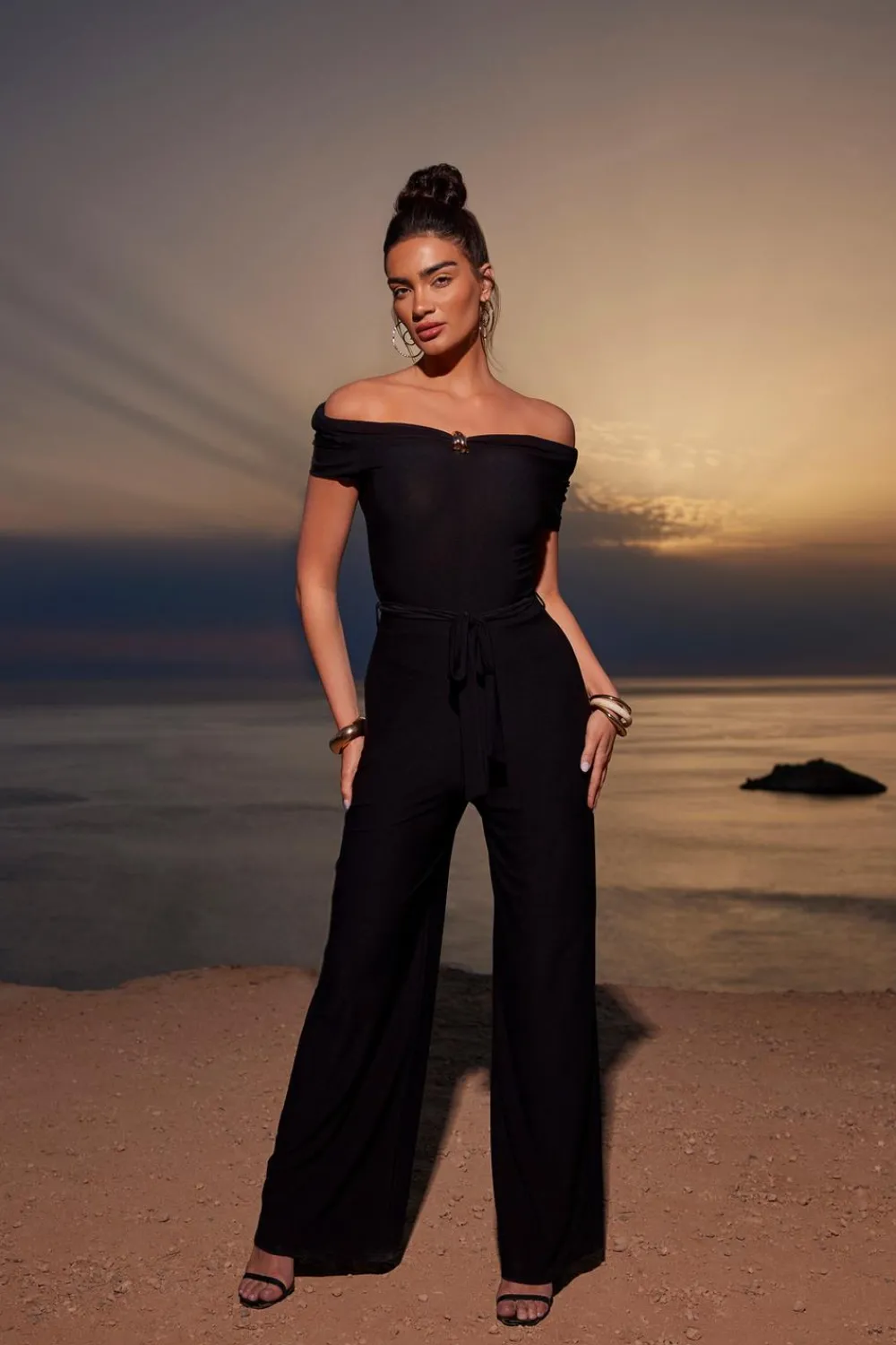 Quiz Occasion Jumpsuits|Going Out Jumpsuits>Black Bardot Palazzo Jumpsuit
