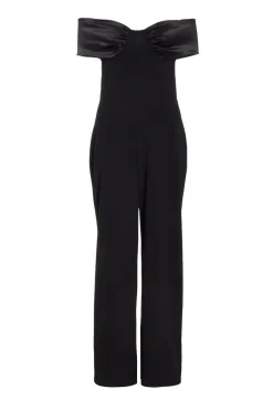 Quiz Occasion Jumpsuits|Going Out Jumpsuits>Black Bardot Satin Detail Jumpsuit