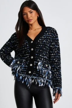 Quiz Workwear|Tops>Black Boucle Knit Fringe Cardigan