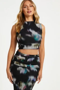 Quiz Going Out Tops|Crop Tops>Black Brushstroke Print Mesh Top