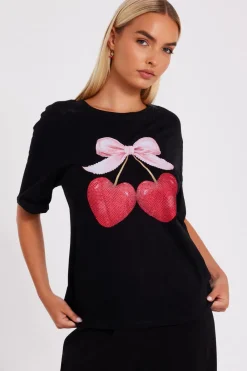 Quiz T-Shirts|Day Tops>Black Cherry Print Boxy Top