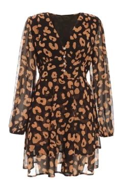 Quiz Day Dresses|Black Dresses>Black Chiffon Animal Print Skater Dress