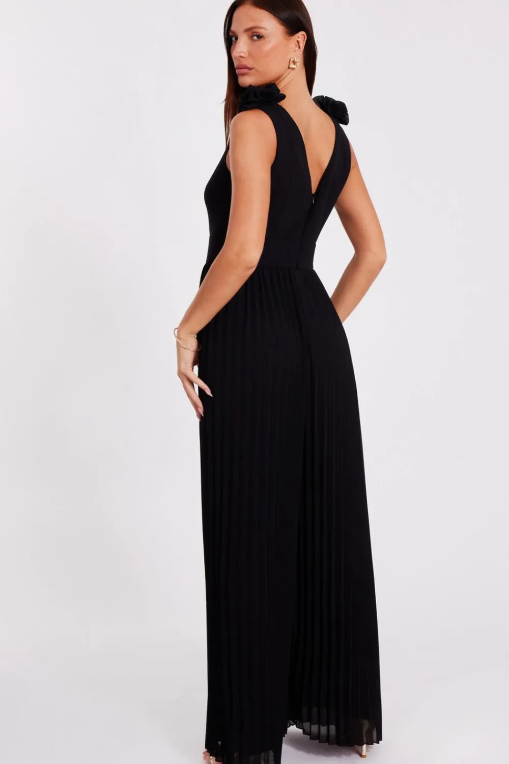 Quiz Occasion Jumpsuits|Evening Jumpsuits>Black Chiffon Pleated Jumpsuit