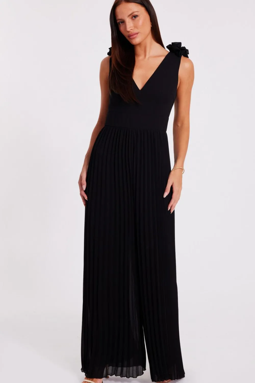 Quiz Occasion Jumpsuits|Evening Jumpsuits>Black Chiffon Pleated Jumpsuit