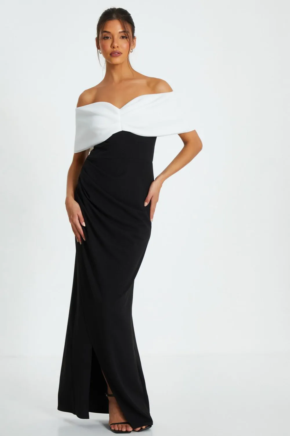 Quiz Prom Dresses|Evening Dresses>Black Contrast Bardot Ruched Maxi Dress