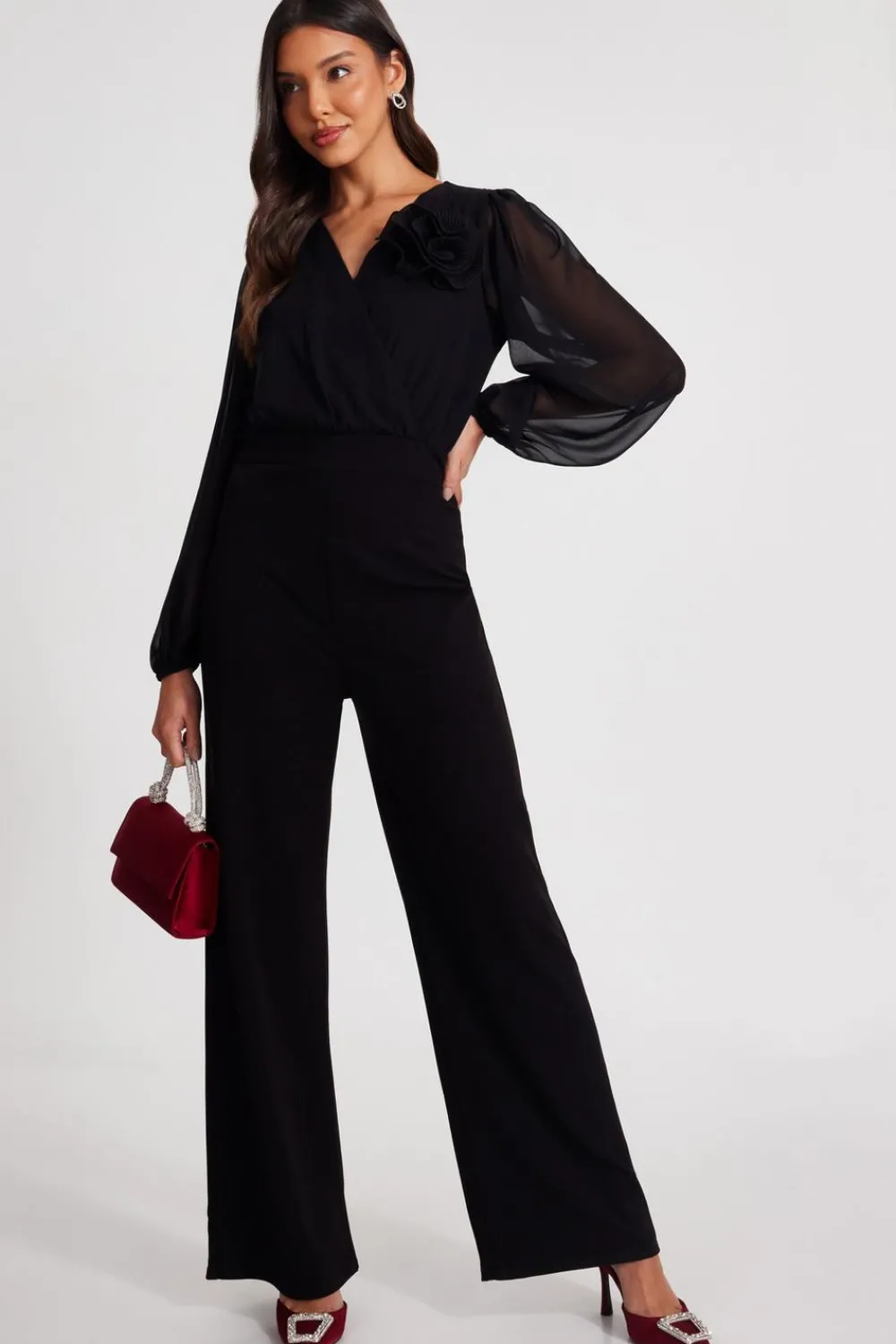 Quiz Going Out Jumpsuits|Evening Jumpsuits>Black Corsage Wide Leg Jumpsuit