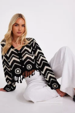 Quiz Summer Tops|Crop Tops>Black Crochet Knitted Top
