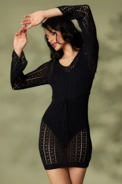 Quiz Knitwear|Holiday>Black Crochet Mini Dress