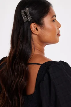 Quiz Hair Accessories>Black Diamante Bow Hair Clips