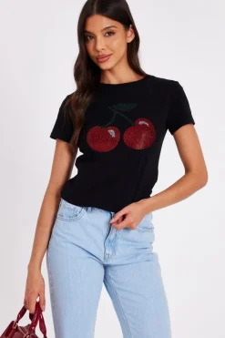 Quiz T-Shirts|Going Out Tops>Diamante Cherry Top