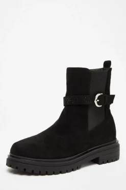Quiz Flats|Boots>Black Diamante Chunky Buckle Boots