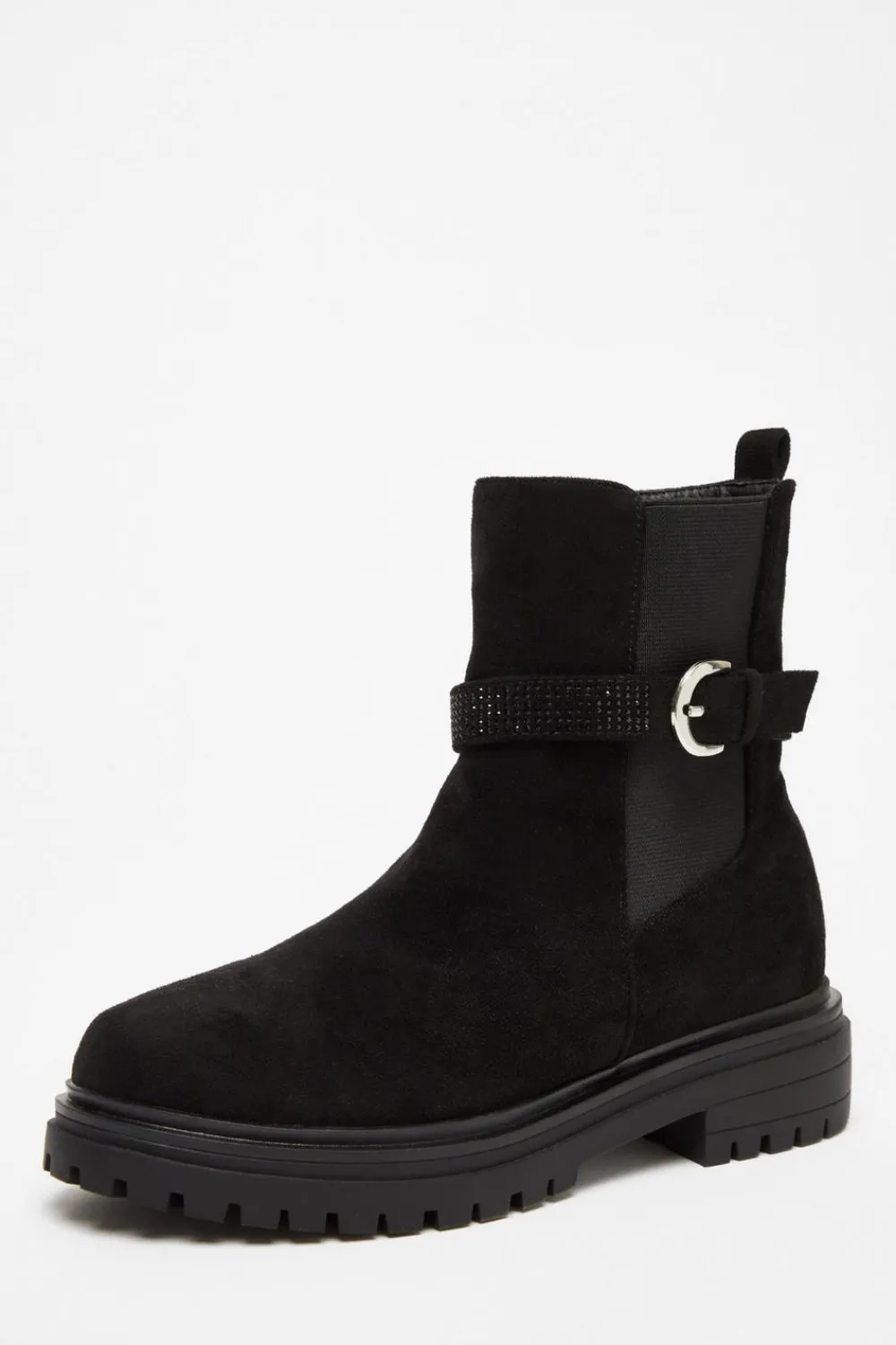 Quiz Flats|Boots>Black Diamante Chunky Buckle Boots