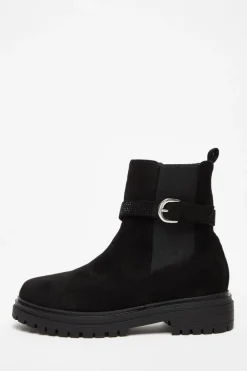 Quiz Flats|Boots>Black Diamante Chunky Buckle Boots
