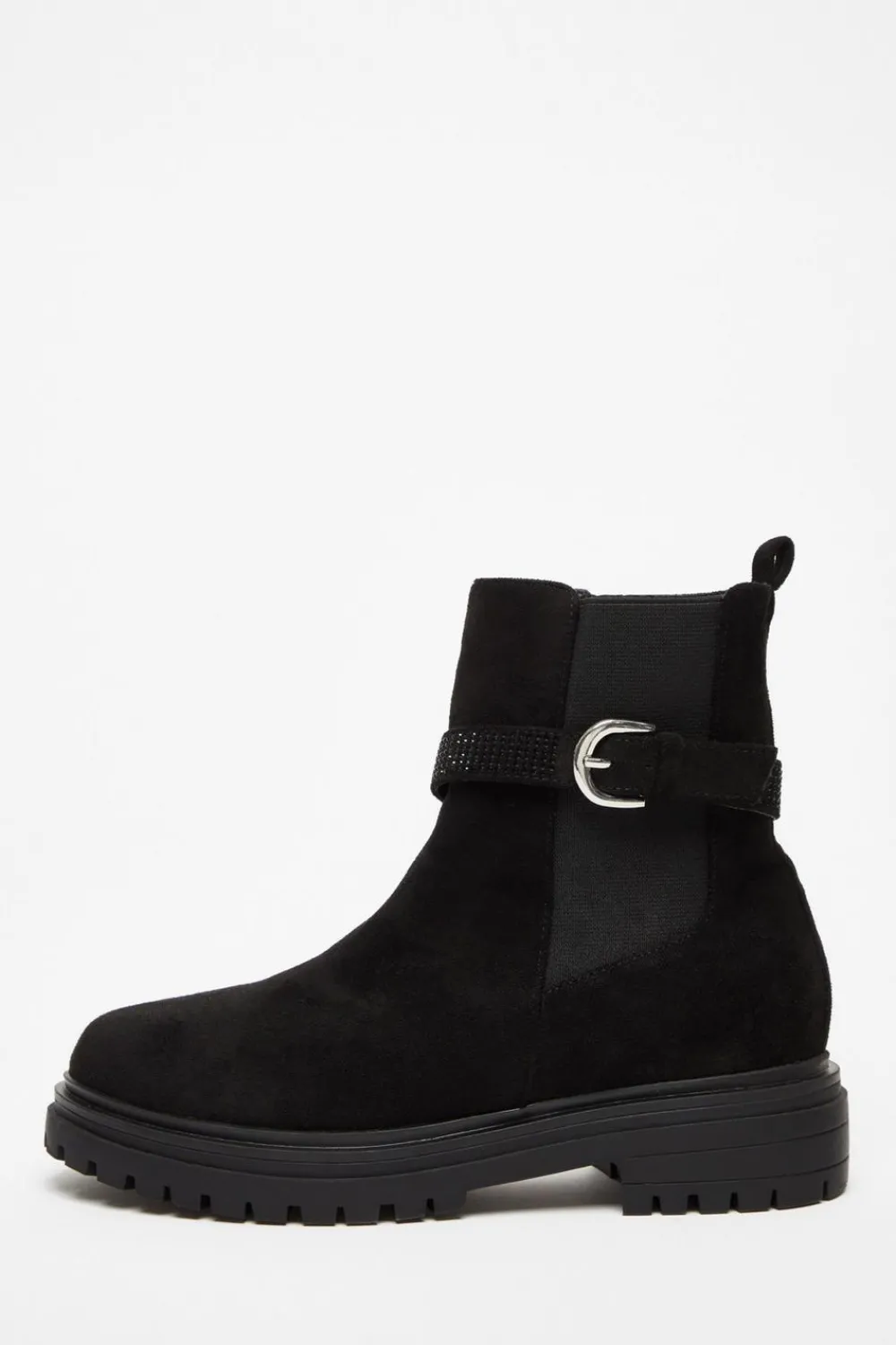 Quiz Flats|Boots>Black Diamante Chunky Buckle Boots