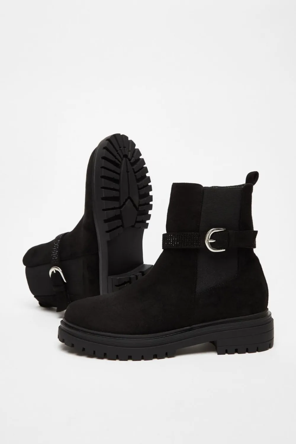 Quiz Flats|Boots>Black Diamante Chunky Buckle Boots