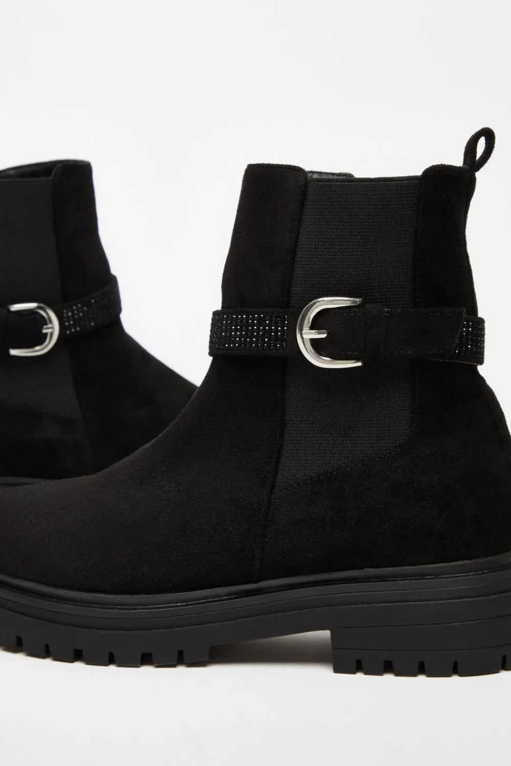 Quiz Flats|Boots>Black Diamante Chunky Buckle Boots