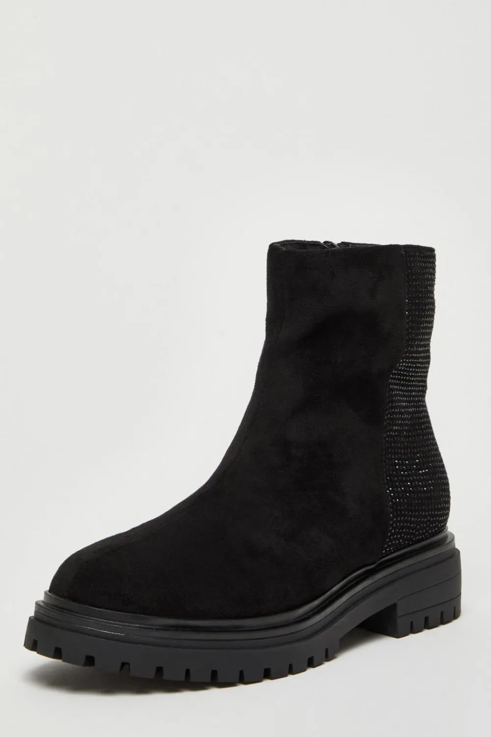 Quiz Flats|Boots>Black Diamante Faux Suede Ankle Boots