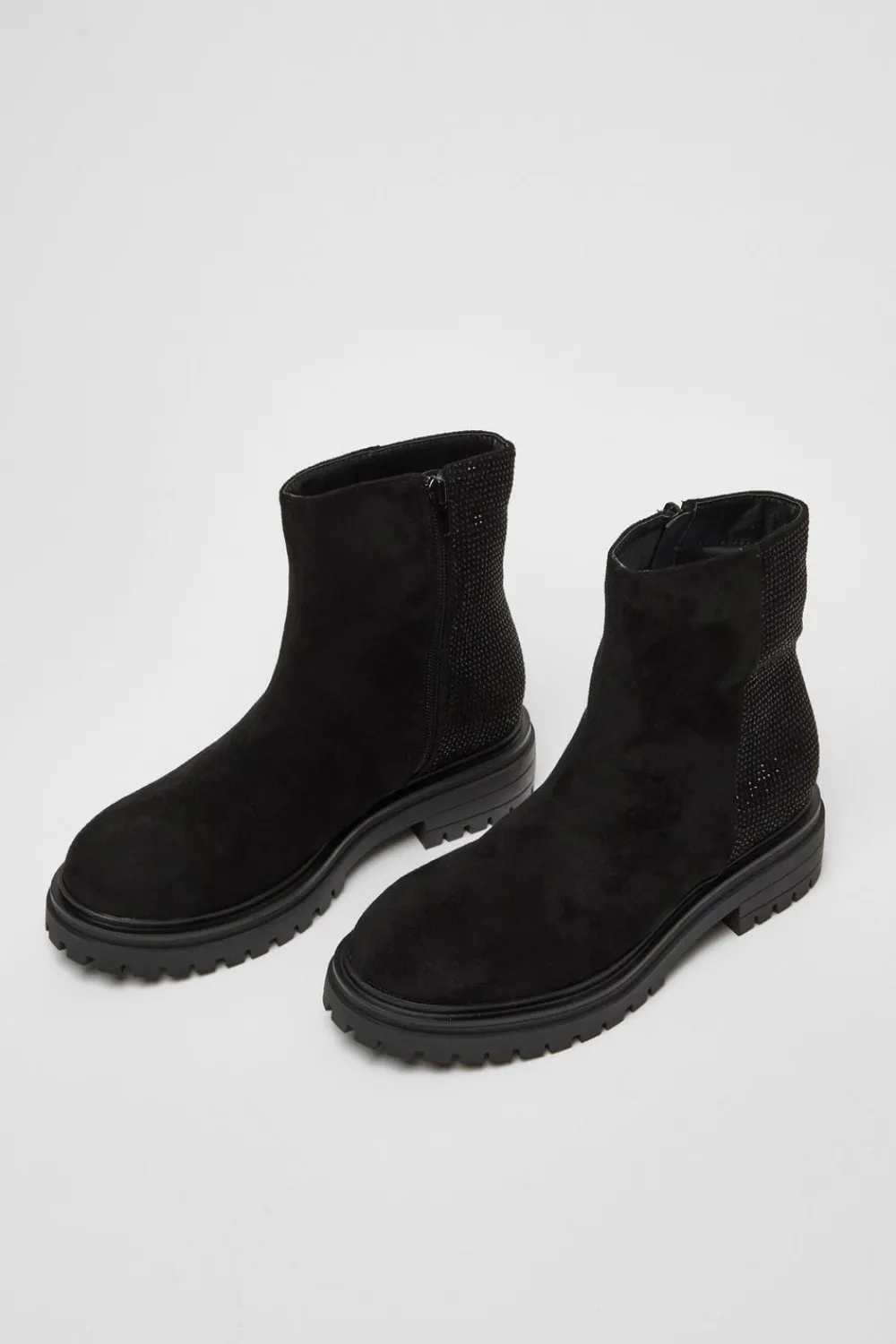 Quiz Flats|Boots>Black Diamante Faux Suede Ankle Boots