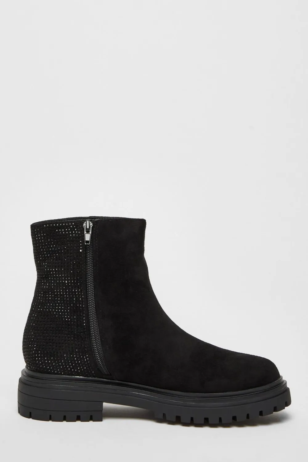 Quiz Flats|Boots>Black Diamante Faux Suede Ankle Boots