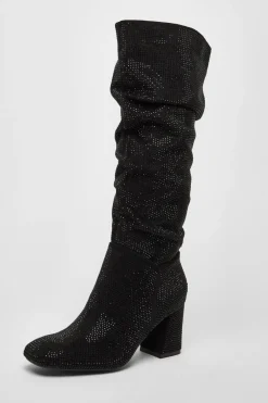 Quiz Heels|Boots>Black Diamante Knee High Boot