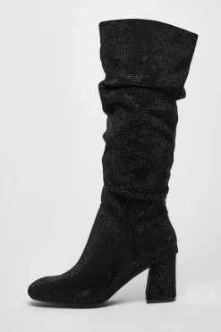 Quiz Heels|Boots>Black Diamante Knee High Boot