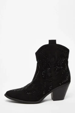 Quiz Boots>Black Diamante Western Ankle Boots