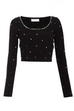 Quiz Knitwear|Jumpers>Black Embellished Knit Cropped Jumper