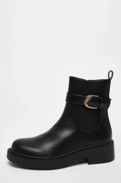 Quiz Flats|Boots>Black Faux Leather Chunky Buckle Boots