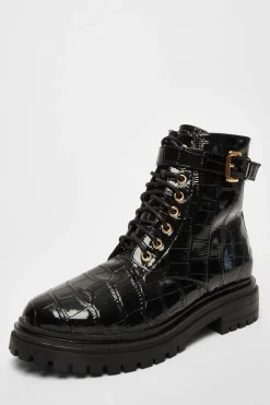 Quiz Boots>Black Faux Leather Croc Boots