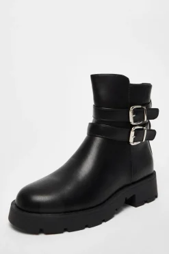 Quiz Boots>Black Faux Leather Double Buckle Ankle Boot