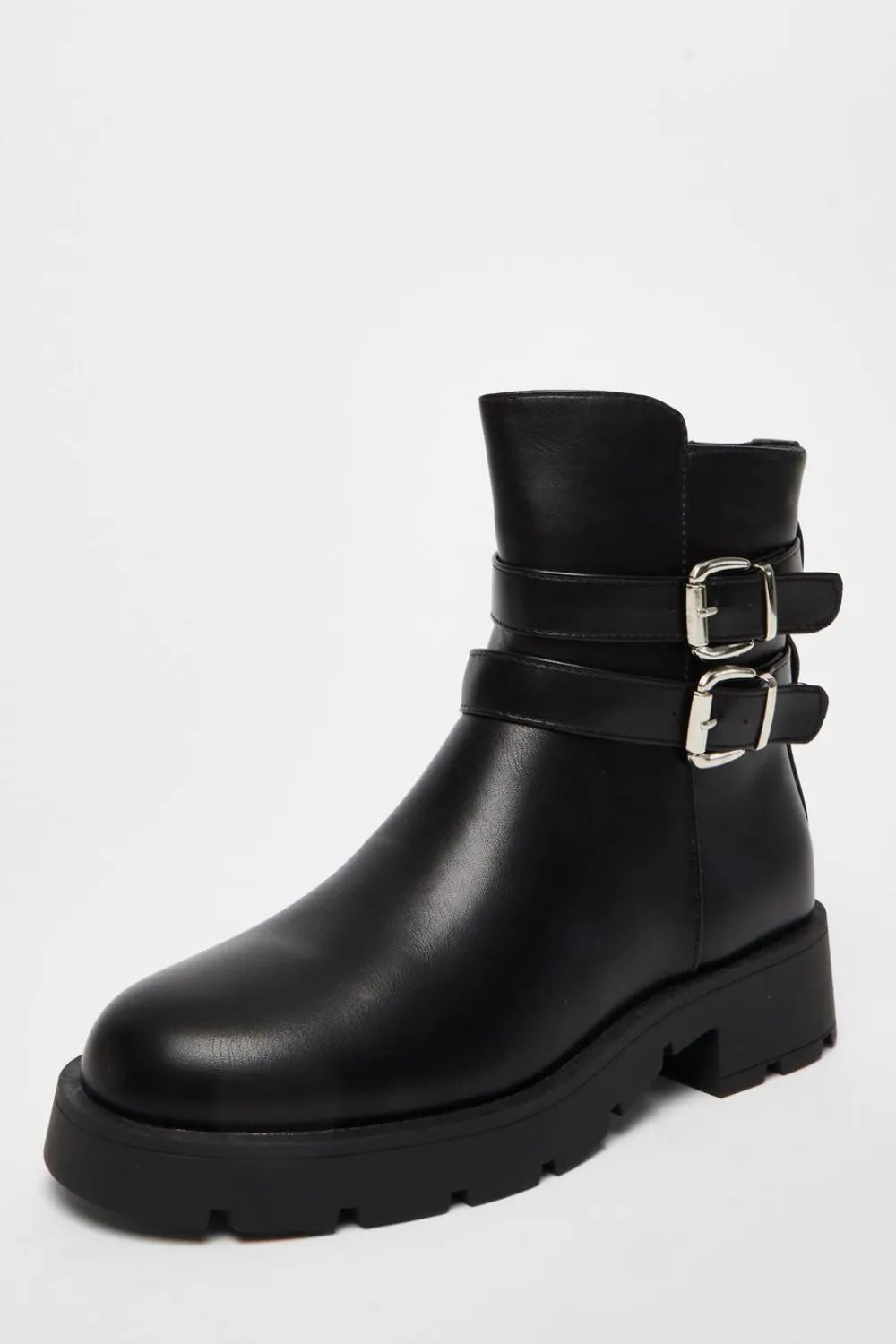 Quiz Boots>Black Faux Leather Double Buckle Ankle Boot