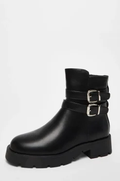 Quiz Boots>Black Faux Leather Double Buckle Ankle Boot