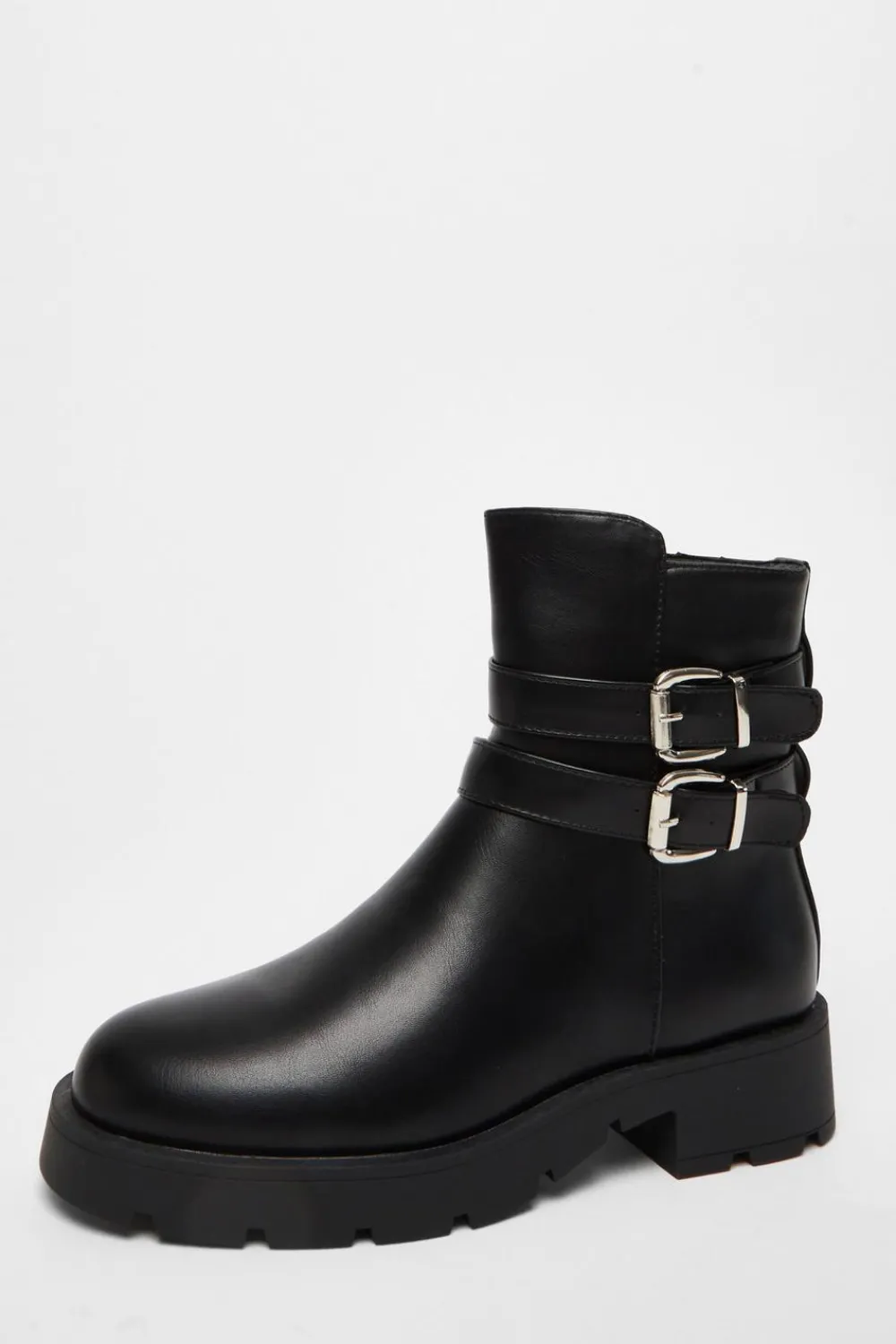 Quiz Boots>Black Faux Leather Double Buckle Ankle Boot