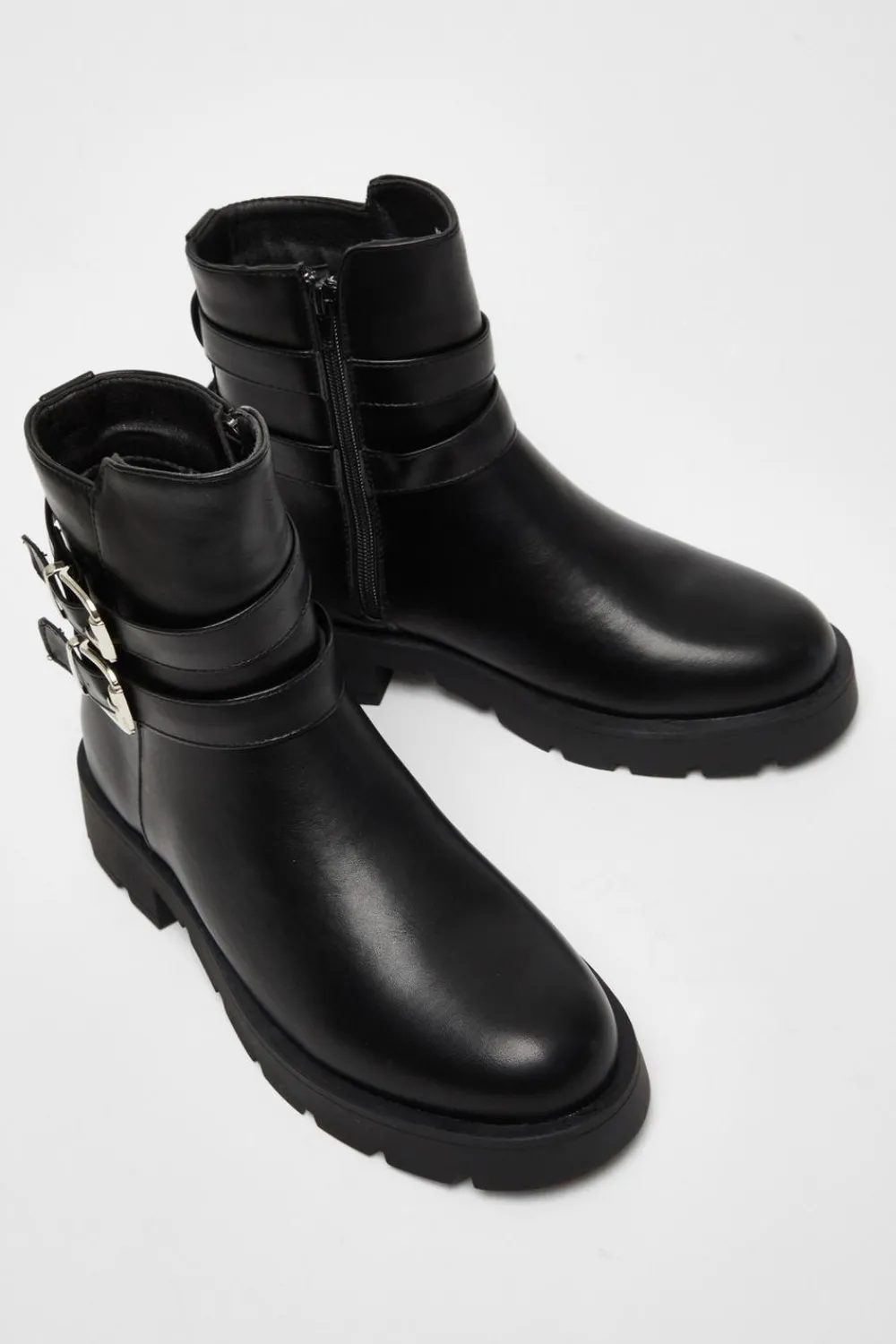 Quiz Boots>Black Faux Leather Double Buckle Ankle Boot
