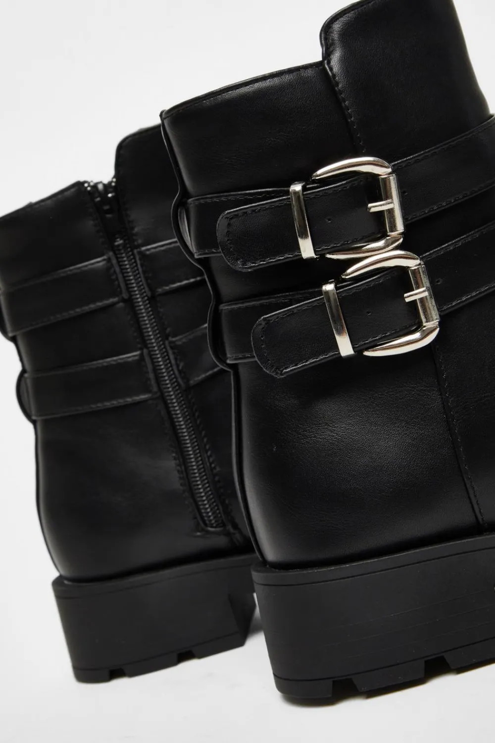 Quiz Boots>Black Faux Leather Double Buckle Ankle Boot