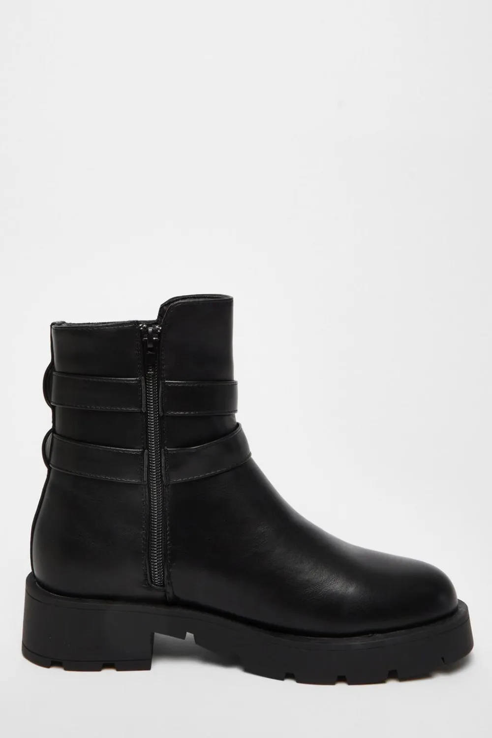Quiz Boots>Black Faux Leather Double Buckle Ankle Boot