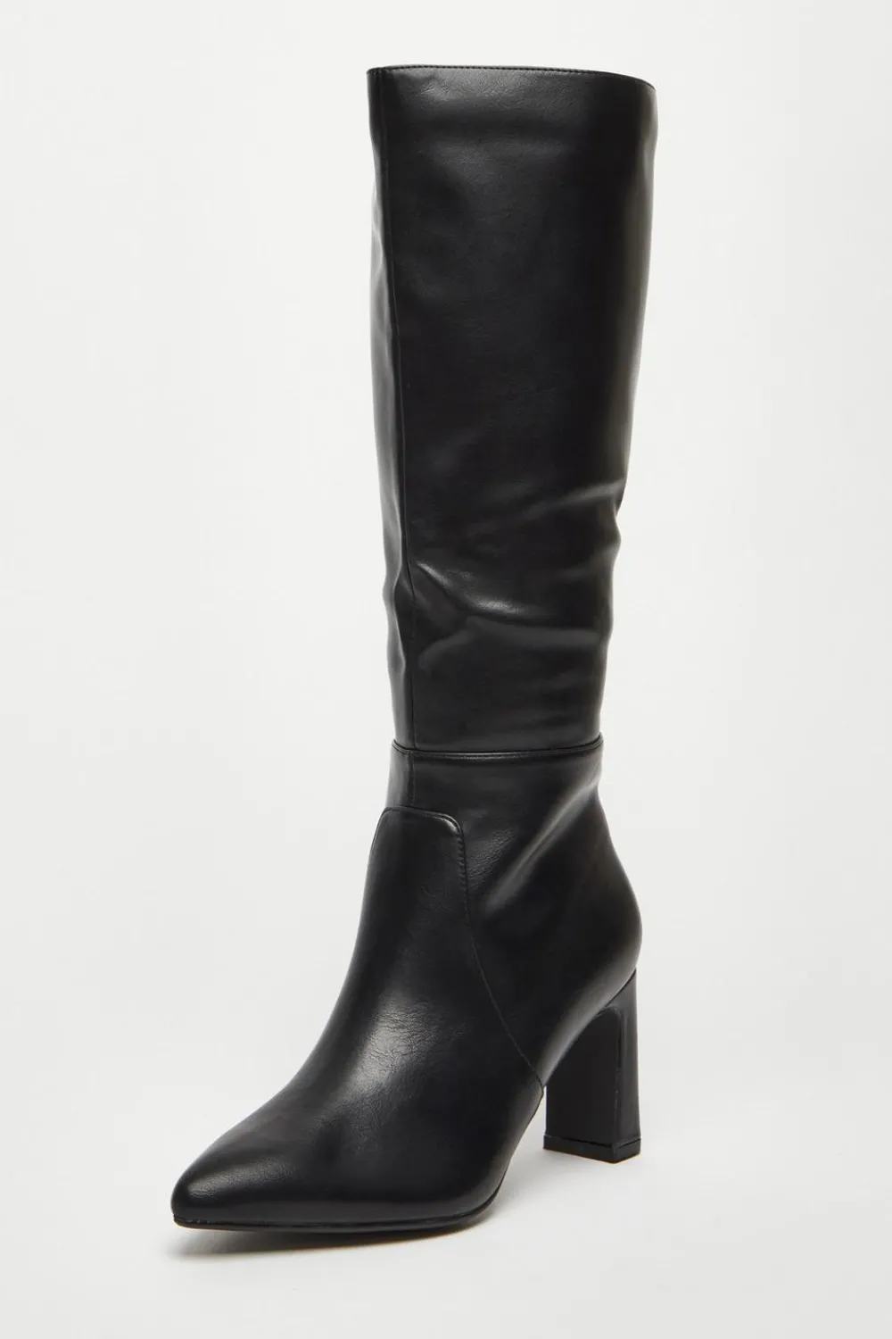 Quiz Boots>Black Faux Leather Knee High Boots