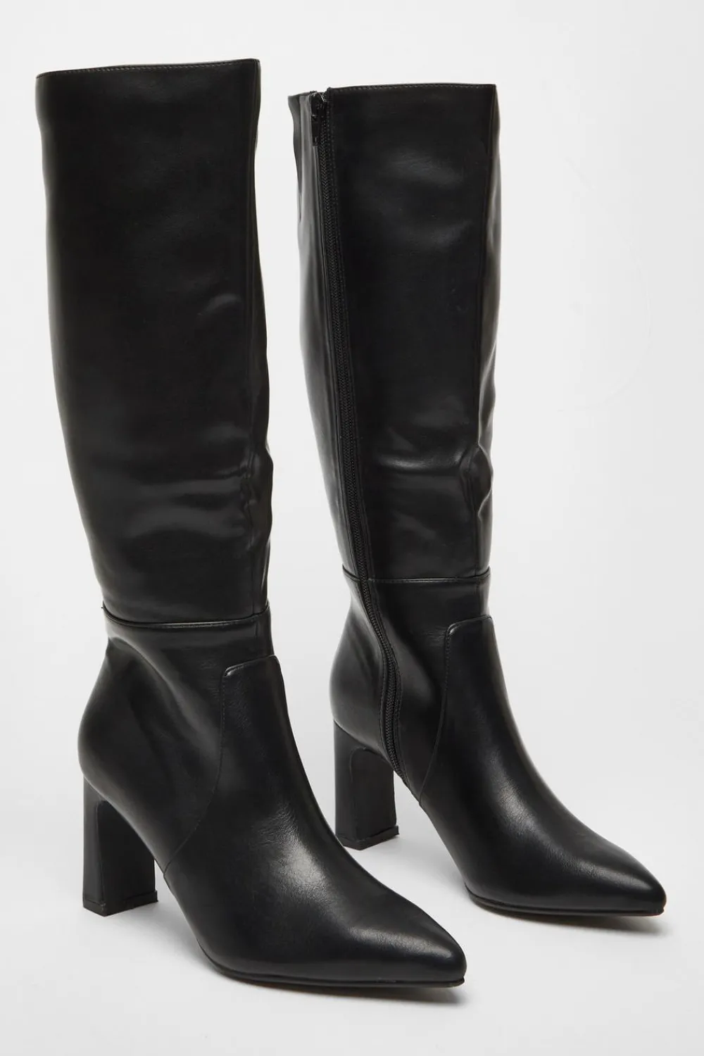 Quiz Boots>Black Faux Leather Knee High Boots