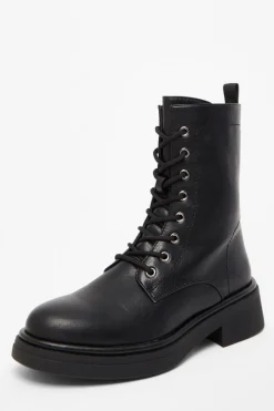 Quiz Boots>Black Faux Leather Lace Up Ankle Boots