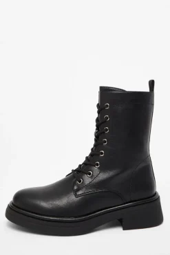 Quiz Boots>Black Faux Leather Lace Up Ankle Boots