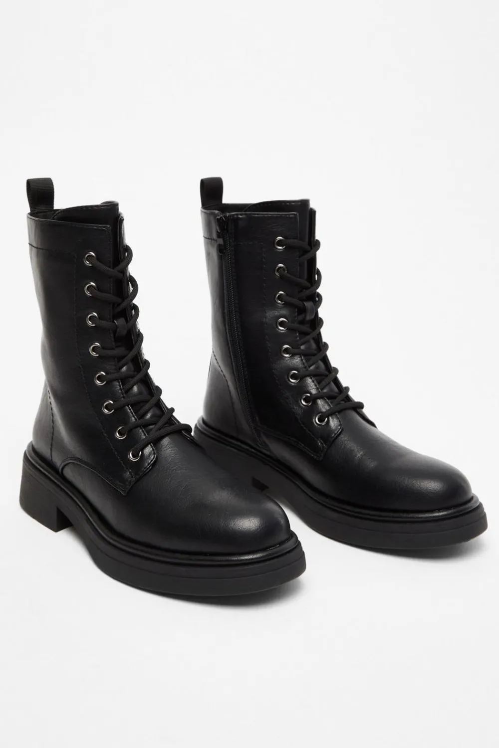 Quiz Boots>Black Faux Leather Lace Up Ankle Boots