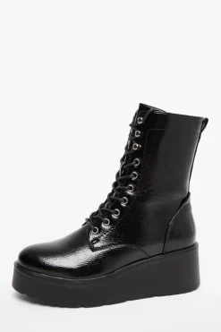 Quiz Wedges|Boots>Black Faux Leather Lace Up Wedged Ankle Boots